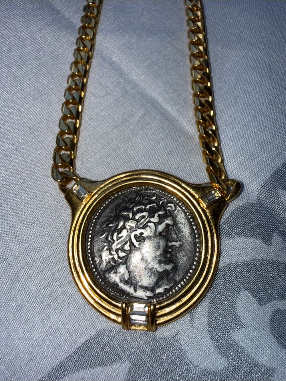 Vintage Signed TAT Gold-Tone Ancient Roman Coin Medallion Curb Chain Necklace